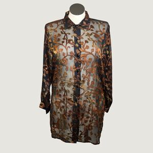Dalin Womens Sheer Burnout Tunic M Black Bronze Floral Button Down Whimsigoth